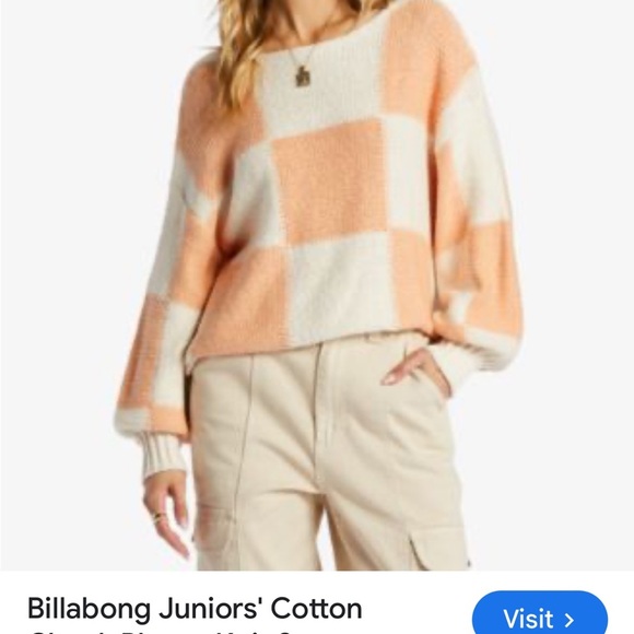 Billabong Peach and Cream Boxy Cropped Checkered Cotton Sweater Medium Beach - Picture 8 of 8